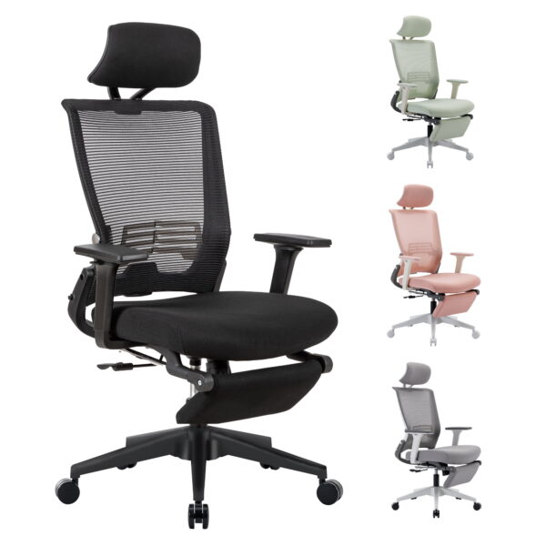 Foldable Office Chair with Footrest,Black Ergonomic Mesh Office