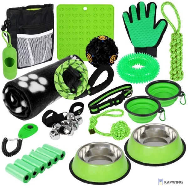 Puppy Starter Kit, Dog Toys, Dog Bed Blankets, Puppy Dog Grooming Tool, Training, Toys, Training Bells Dog Leashes Accessories for Dogs Gift for New Puppies Green 23 Pieces